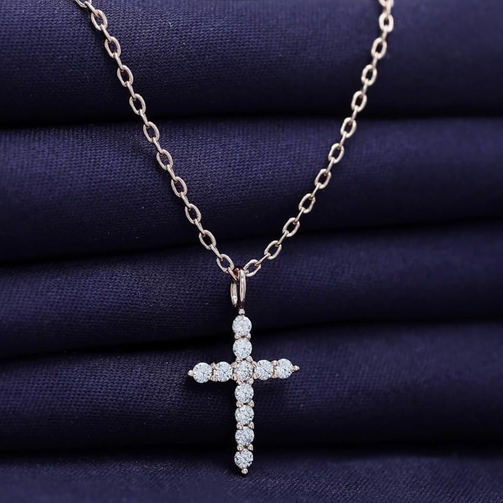 Moissanite Rose Gold Cross Pendant Necklace 925 Sterling Silver + 18K Rose Gold